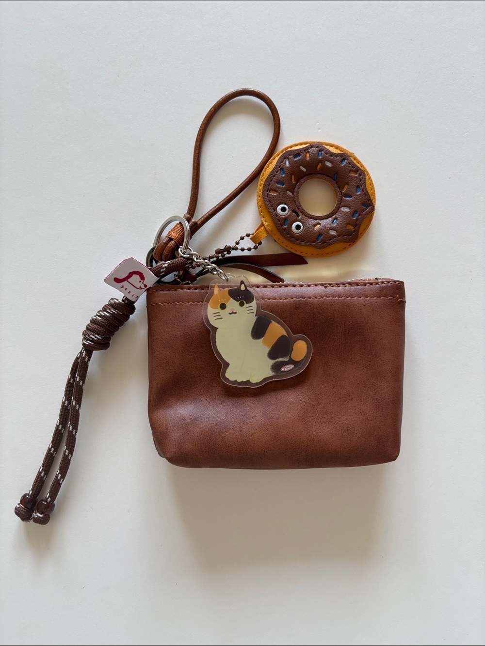 🍩Durable PU Leather Wristlet Coin Purse with Cat & Donut Charms